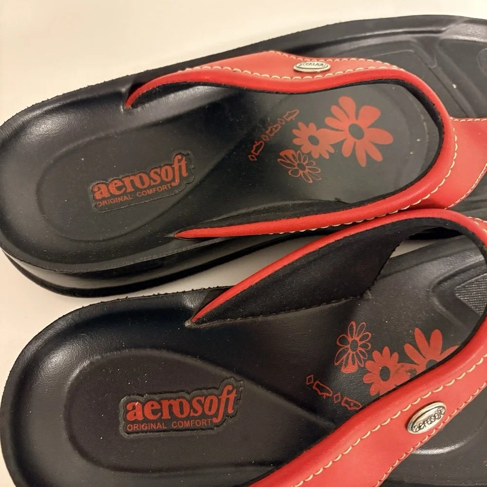 Aerosoft Original Comfort Red Black Thong Wedge Sandals Womens Size 41‎ US 10